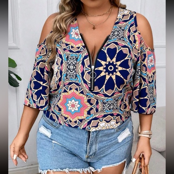 Boho mandala print half zip cold shoulder blouse - Picture 1 of 7